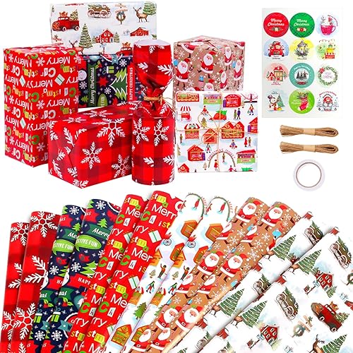 Niviy 12 Sheets Christmas Wrapping Paper 70x50cm Santa Claus Gift Wrapping Paper for Kids with Stickers, Double Sided Tape and Twine for Christmas, Birthday, Parties