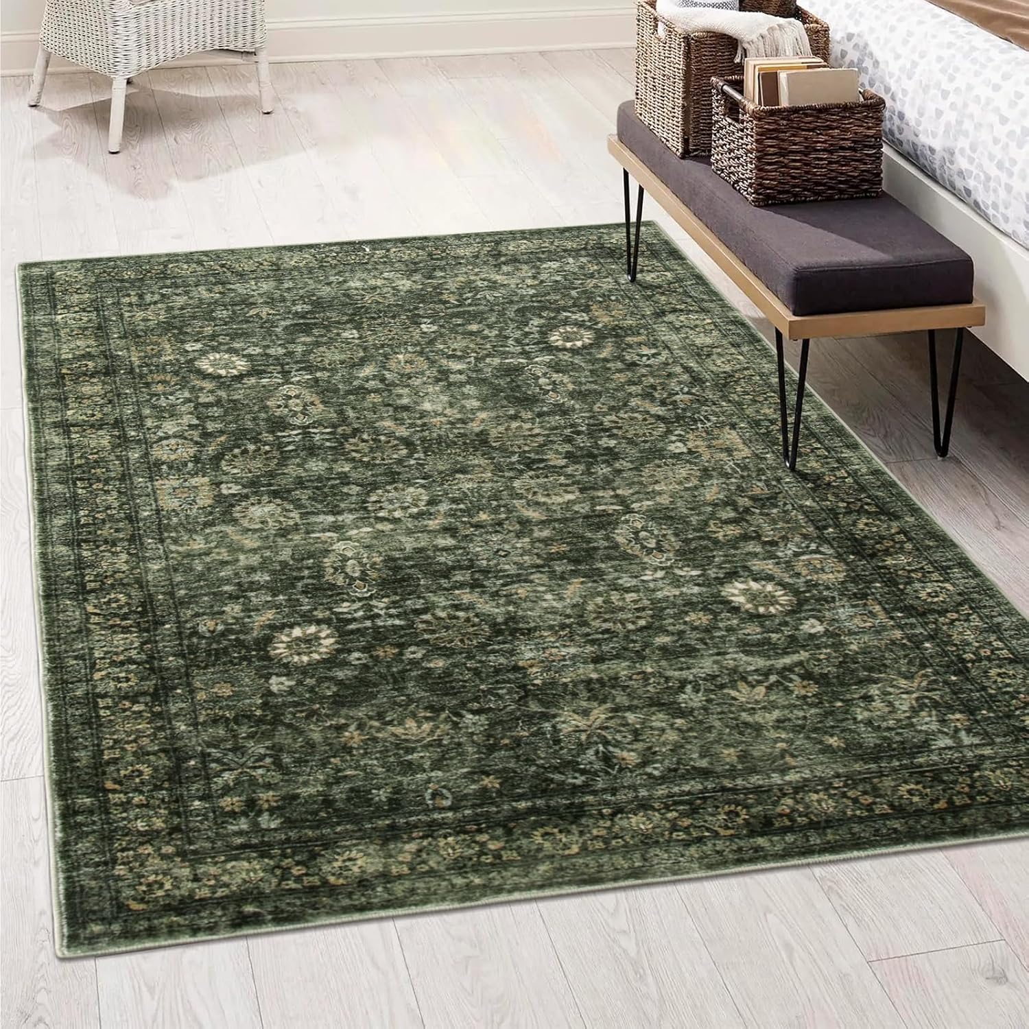 Rugs, Pads & Protectors - Morebes Vintage Throw Rugs, Boho 3x5 Washable Rug Non Slip,Soft Area Rug for Bedroom,Distressed Non-Shedding Bohemian Floral Rug for Entryway Kitchen Foyer Bedside Playroom,Dark Green