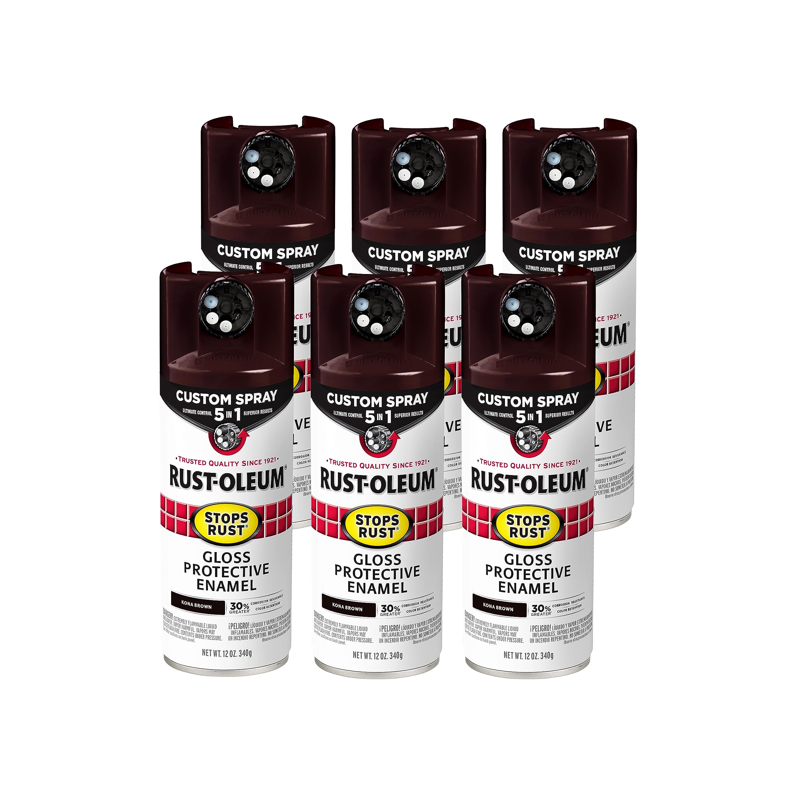 Rust-Oleum 376903-6PK Stops Rust Custom Spray 5-in-1 Spray Paint, 12 oz, Gloss Kona Brown, (Pack of 6) Image