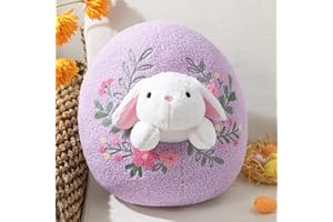Phantoscope Happy Easter Egg Shaped Throw Pillow with Bunny, Teddy Fleece Soft Egg Pillow with Floral Embroidered Decorative 