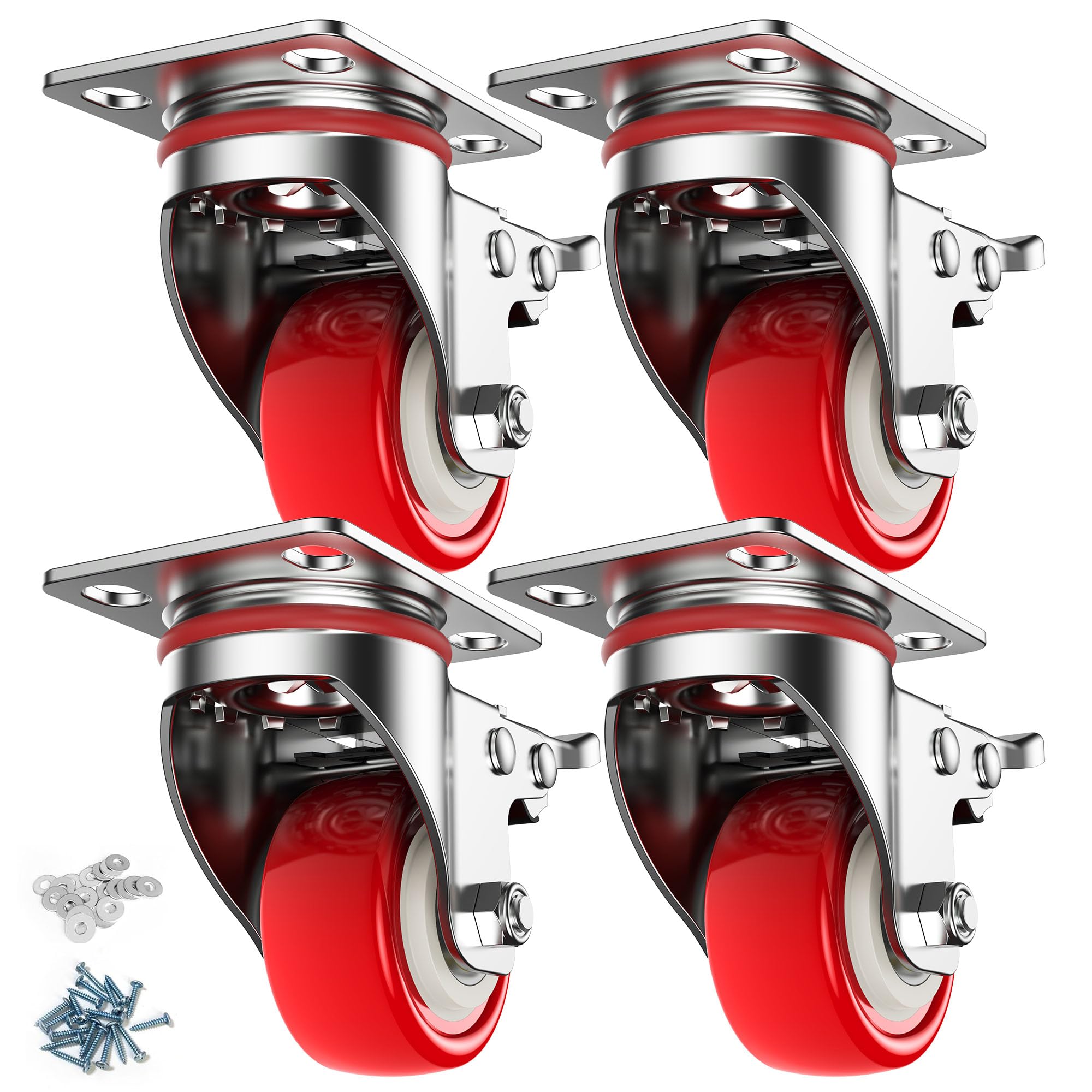 Deutnart Heavy Duty Castors 50 mm Furniture Castors with Brakes, [4 Pieces up to 300 kg] Swivel Castors Set Quiet Swivel Castors Polyurethane Transport Castors Without Traces Industrial Transport and
