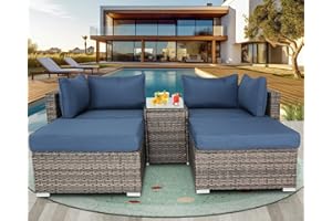 BPTD Outdoor Patio Furniture Set Balcony Furniture PE Rattan Wicker Outdoor Sectional with Washable Cushion for Garden, Poolside, Balcony, Backyard (Brown-Navy Blue, coffee table)