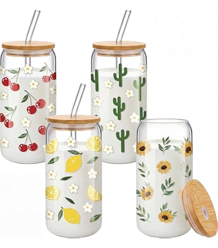 Amazon.com | Meanplan 4 Pcs Strawberry Juice Glasses - 17 oz Strawberry  Icon Glass Cups with Lid, Straw and Cleaning Brush, Tea Beer Coffee Soda  Glassware for Valentines Day Party Favors Gifts: