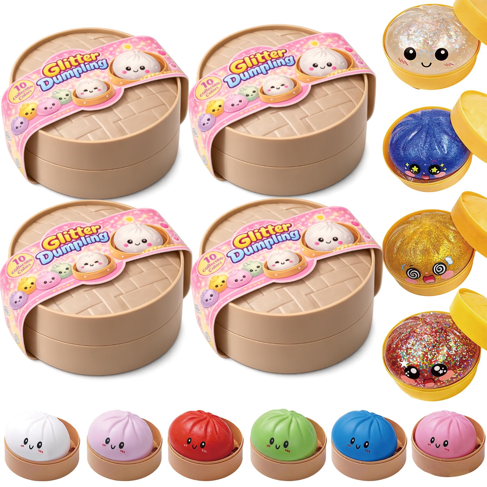 New Glitter Dumpling Squishy - Dumpling Squishy Mystery Box, Stress Relief Fidget, Soft Squeeze Decompression Dough (4 Packs)