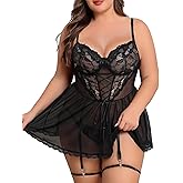 Avidlove Plus Size Lingerie for Women Sexy Lace Babydoll Mesh Chemise Boudoir Nighty with Garter Belt