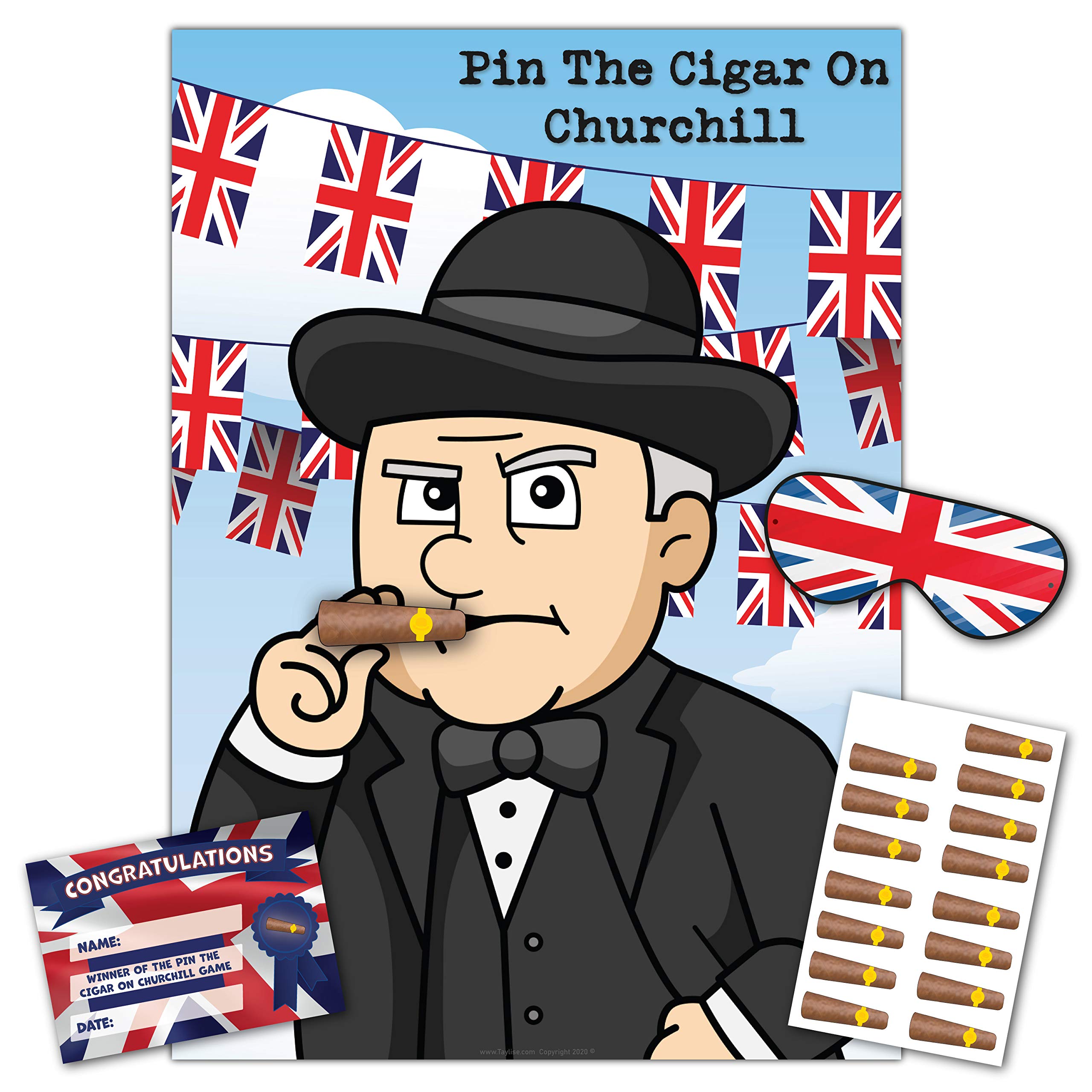 VE Day Party Game – Pin The Cigar On Churchill - 16 Player – Blindfold, Winner Certificate and XL Poster included for VE Day Decorations, Union Jack Party Supplies, Victory In Europe Day Celebration