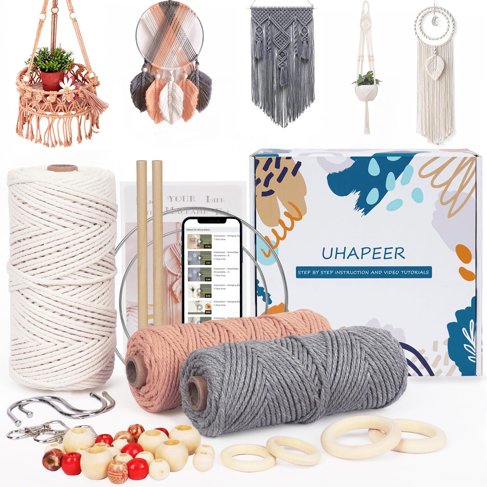 UHAPEER DIY Macrame Kit, 656 Feet Macrame Cord Kit for Beginners Adults with Instructions, Natural Cotton, Wood Rings, Wood Sticks, Colour Beads, Wall Hanging Plant Hanger Kit for Home Room Decor