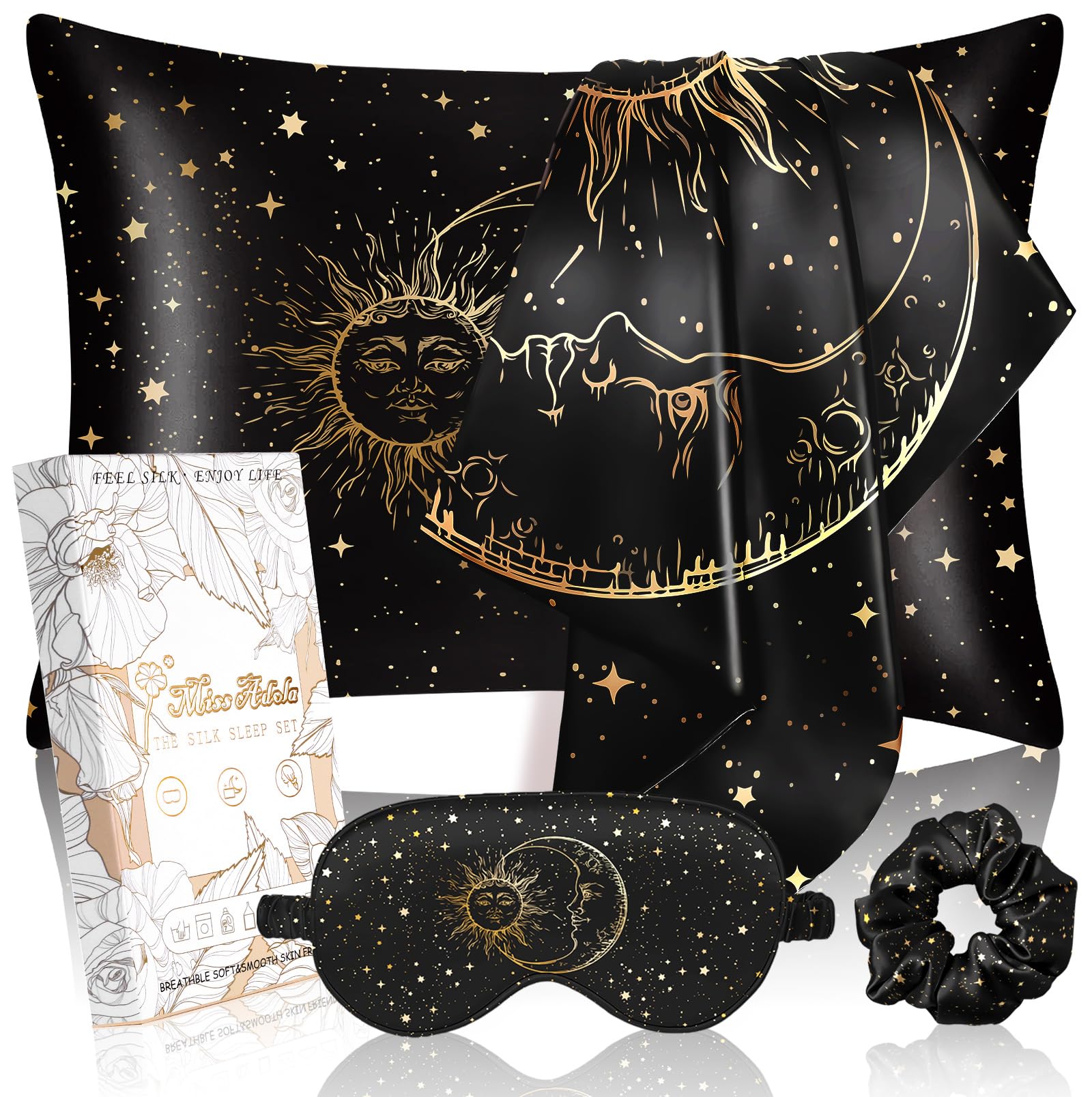 Miss Adola Mulberry 1Pack Silk Pillow Case for Hair and Skin 19 Momme Standard 75 x 50cm Pillowcase with Eye Mask & Scrunchie Soft Silk Pillowcase Sleeping Gift for Women, Black Sun Moon