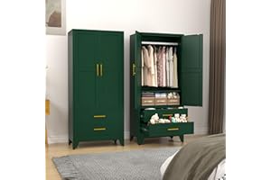 erosoei Metal Armoire Wardrobe Closet, 71 "Metal Clothing Storage Cabinet with Adjustable Shelves and Hanging Rod, Household Steel Wardrobe Storage Cabinet with Drawers (armoire-Green)