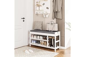 BOTLOG Bamboo Shoe Bench, Shoe Storage Bench with Cushion, Entryway Storage Bench with Hidden Compartment, Shoe Rack Organizer for Entry, Hallway, White