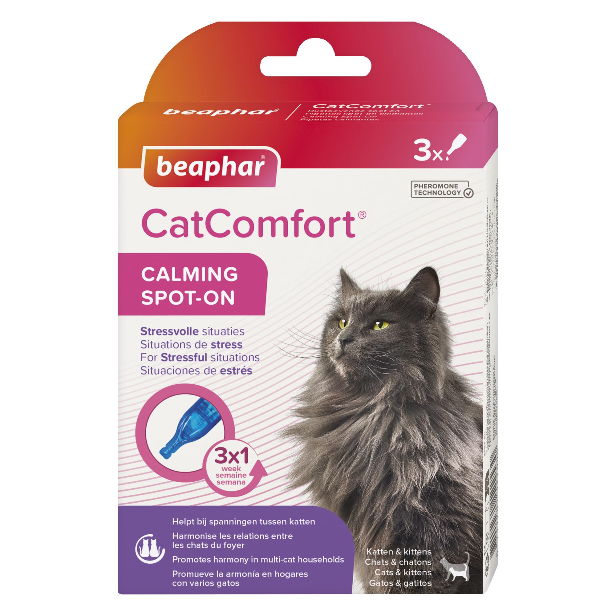 Beaphar - CatComfort® Calming Spot-On For Cats - Reduces Anxiety & Stress – Pheromone Calming - Fast-Acting - Starts Working in 15 Minutes - Ideal for Short-Term Events like Fireworks - 3 Pipettes