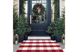 CAINANEL Christmas Door Mat Outdoor 27.5"x43" Buffalo Plaid Christmas Decor Rug Cotton Hand-Woven Layered Door Mats Washable Carpet for Front Porch, Kitchen, Farmhouse, Entryway