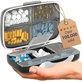Travel Pill Organizer - Airtight Medicine Case for Traveling Portable Pharmacy Box with Labels Vitamin Container 8 Compartment Supplement Medication Holder Large Capacity Daily (Black)