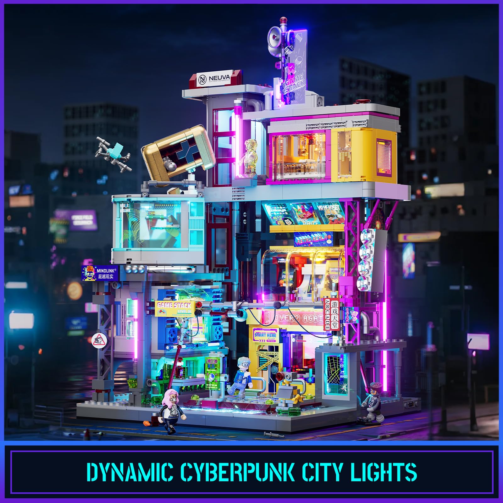 Lumibricks Cyberpunk Spielhalle Licht Bausteine Set – 2580 Klemmbausteine, Modulares Gebäude mit abnehmbaren Mechanismen, Geschenkidee für Erwachsene & Sci-Fi Fans 8