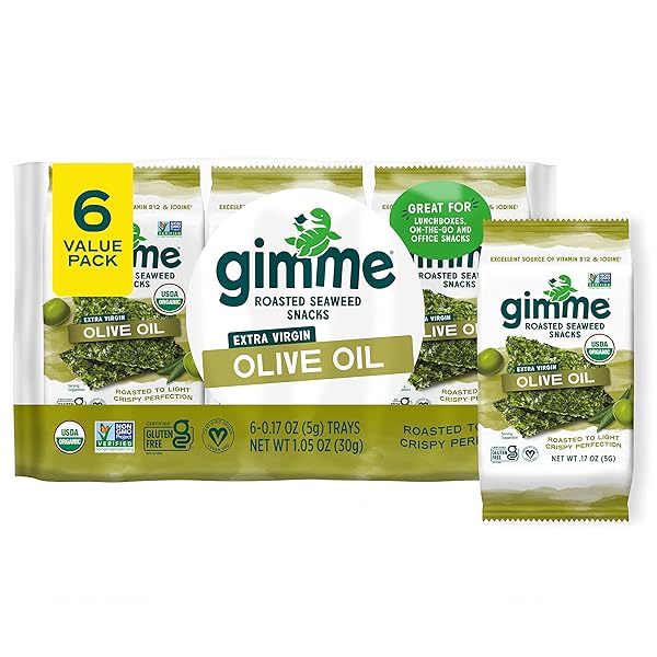 GIMME SEAWEED ORGANIC PREMIUM ROASTED SEAWEED SNACKS, EXTRA VIRGIN OLIVE OIL, 6 COUNT, KETO, VEGAN, GLUTEN-FREE, GREAT SOURCE OF OMEGA3S AND IODINE, HEALTHY ON-THE-GO SNACK FOR KIDS AND ADULTS