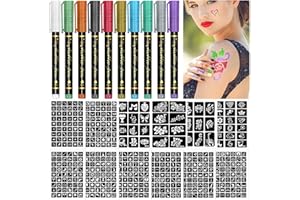 RAZET temporary tattoo pens for skin 10 Metallic Tattoo Pen 479 Tattoo Stencils Glitter & Matte Body Markers Removable Fake Tattoos Kit for Teens and Adult Women Men