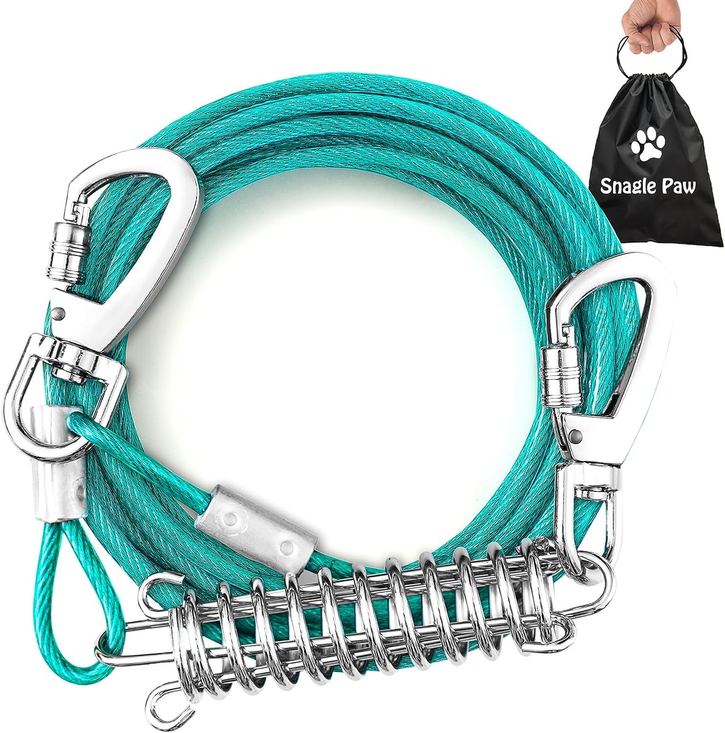 Dog Tie Out Cable - Chew Proof 6m Chain for Outside, Reflective Tether With Screw Lock, Absorbing Spring up to 125lbs, Pet Lead for Garden or Camping