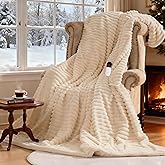 AEPINBH Heated Electric Blanket Throw: 6-Level Fast Heating, 4-Hour Auto-Off, Soft&Warm Stripe Faux Rabbit Fur, for Couch Home Office, with Overheating Protection & ETL Certified(50 x 60,Milky White)