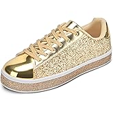 UUBARIS Women's Glitter Tennis Sneakers Neon Dressy Sparkly Sneakers Rhinestone Bling Wedding Bridal Shoes Shiny Sequin Shoes