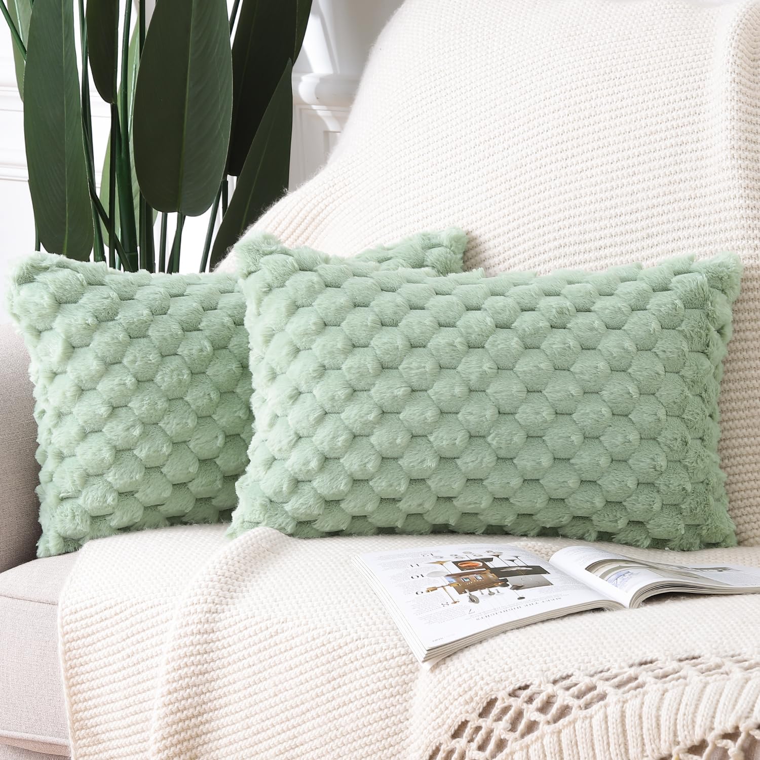 Madizz Faux Wool Sage Green Cushion Covers 12x20 inch, 30x50 cm, Set of 2 Super Soft Boho Throw Pillow Covers Decorative Textured Pillowcases for Sofa Bedroom