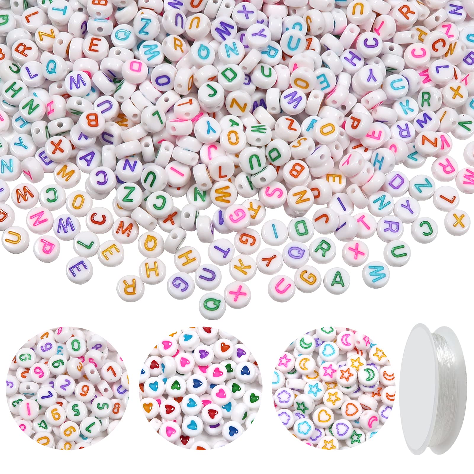 TOAOB 1500pcs Colourful Acrylic Letter Beads Alphabet Beads Heart Beads and Number Beads with Elastic Crystal String Cord for DIY Necklace Bracelet Jewellery Making