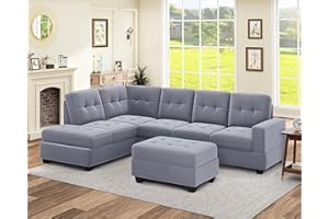 FANYE 112" Velvet Upholstery Sectional Sofa & Couch W/Cup Holders ,L-Shaped Tufted Cushions Corner Sofa Couch with Storage Ottoman and Reversible Chaise for Home Office Apartment Living Room Furniture Sets