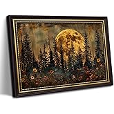 Framed Full Moon Forest Canvas Wall Art Moonlit Pine Tree and Wildflowers Woodland Nature Landscape Picture Wall Decor Poster Print Artwork for Bedroom Living Room Home Decoration
