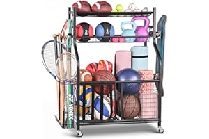 PLKOW Sports Equipment Organizer, Garage Storage Rack With Hooks and Baskets for Basketball, Football, Soccer (Black)