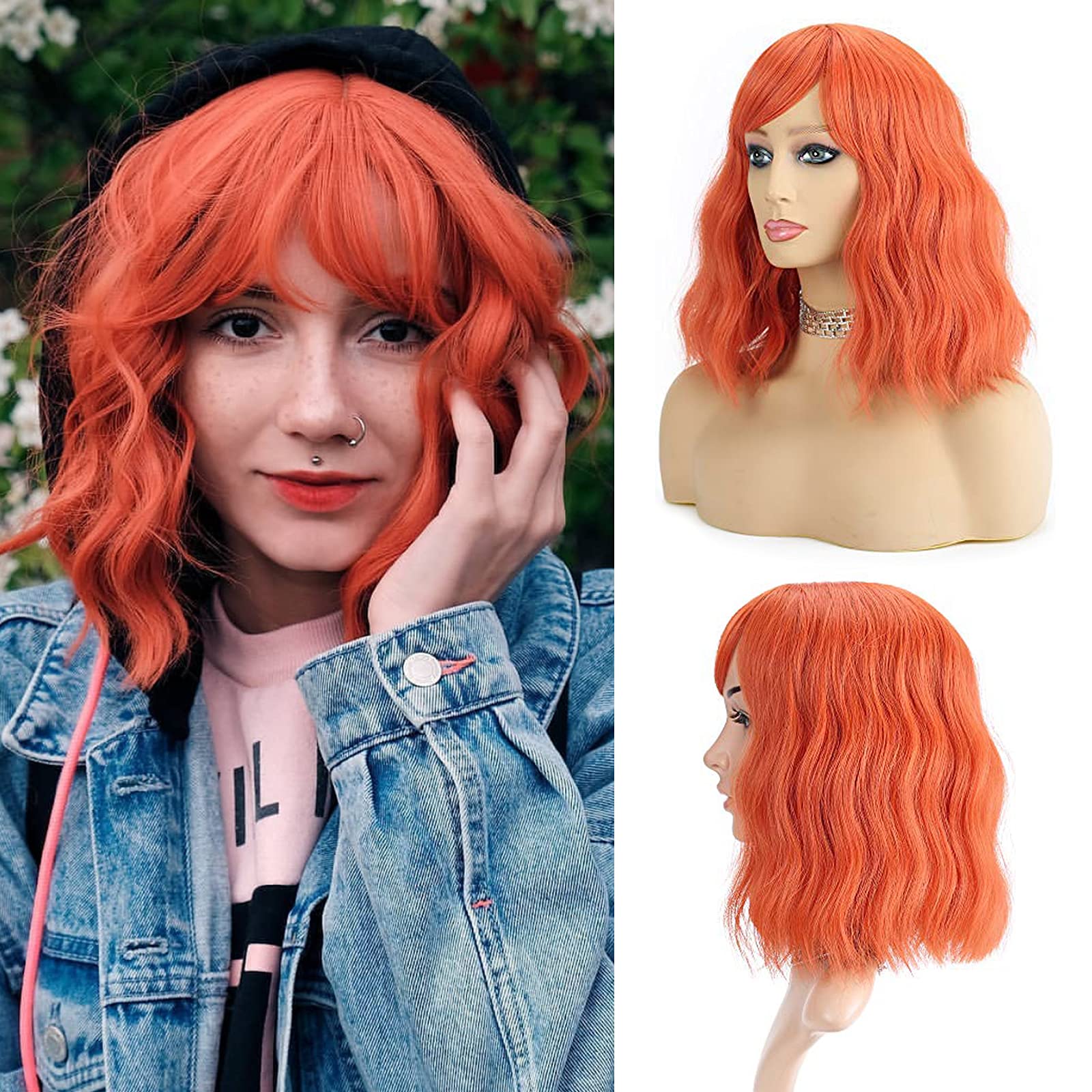 FAELBATY Short Bob Wig With Air Bangs Shoulder Length Curly Wavy Synthetic Cosplay Orange Bob Wig for Girl Costume Orange