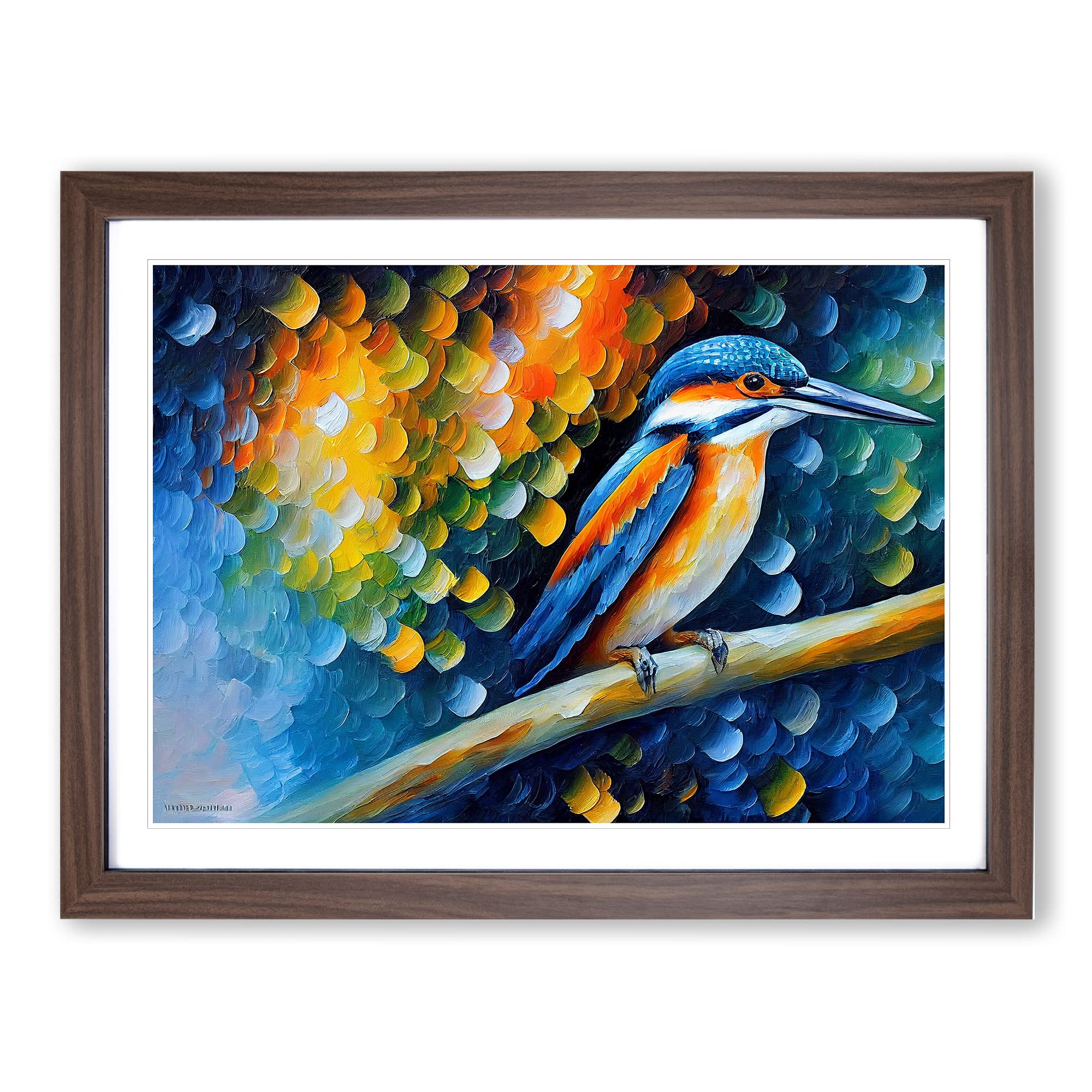 Kingfisher Bird Painting Vol.1 Abstract Framed Print | A4 Walnut Framed Wall Art | Ready to Hang | Abstract Historical Picture | Living Room Bedroom Lounge Office