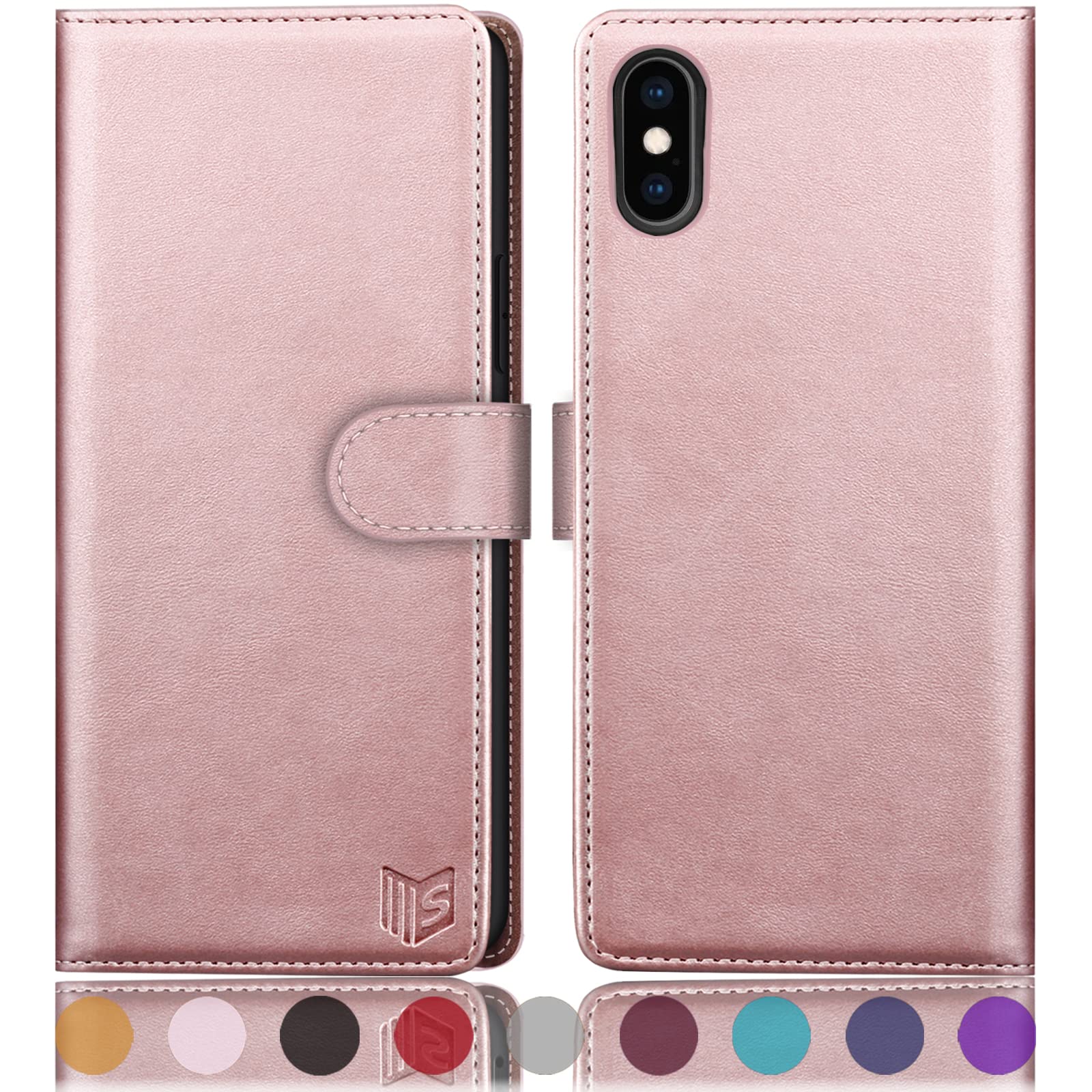 SUANPOT for iPhone X/XS 5.8"case with [Credit Card Holder][RFID Blocking],PU Leather Flip Book Protective Cover Women Men for Apple X/XS Phone case Rose Gold