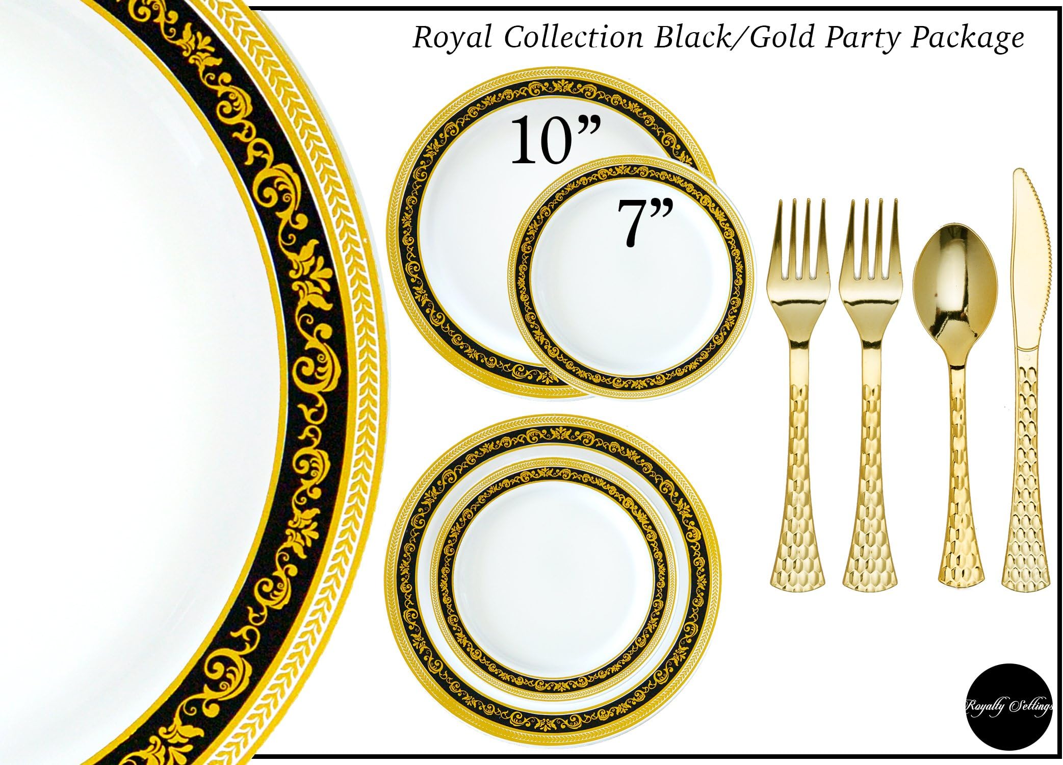 Royalty Settings Royal Collection Hard Plastic Plates for Weddings for 120 Persons, Includes 120 Dinner Plates, 120 Salad Plates, 240 Forks, 120 Spoons, 120 Knives, Black and Gold Rim