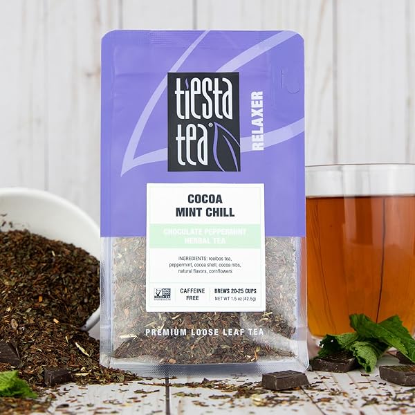 TIESTA TEA COCOA MINT CHILL LOOSE LEAF TEA, CHOCOLATE PEPPERMINT HERBAL ROOIBOS BLEND, NON-CAFFEINATED, REAL FRUIT, HERBS, SPICES, HOT OR ICED BREW, MAKES UP TO 25 CUPS, RESEALABLE POUCH, 1.5 OUNCE