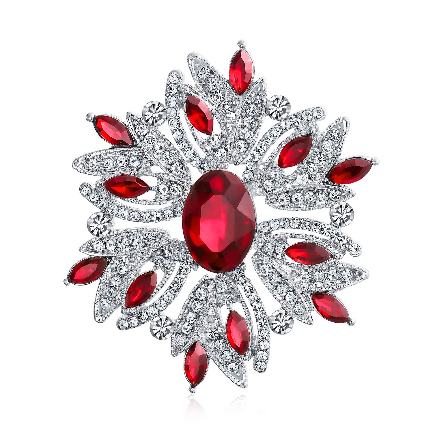 Large Statement Vintage Style Crystal Flower Simulated Red Ruby Crystal Brooch Pin For Women For Mother Silver Plated