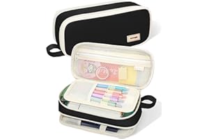 SUNEE Large Pencil Case, Big Capacity Pencil Bag, Cute Canvas Pencil Pouch Organizer with Zipper, Kawaii Portable Stationery Pen Bag, Aesthetic Office School Supplies For Teen Adult Girls Boys, Black