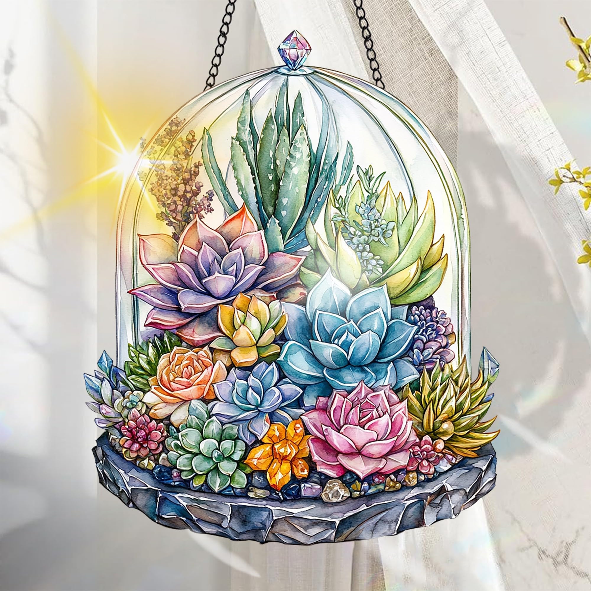 Photo 1 of Colorful Acrylic Suncatcher, Fleshiness Hanging Window Decor with Printed Stained Glass Style Design Sun Catcher, Rainbow Maker Wall Art, Gift Idea & Garden Ornament Indoor Outdoor Use 7.8 x 7.8 inch