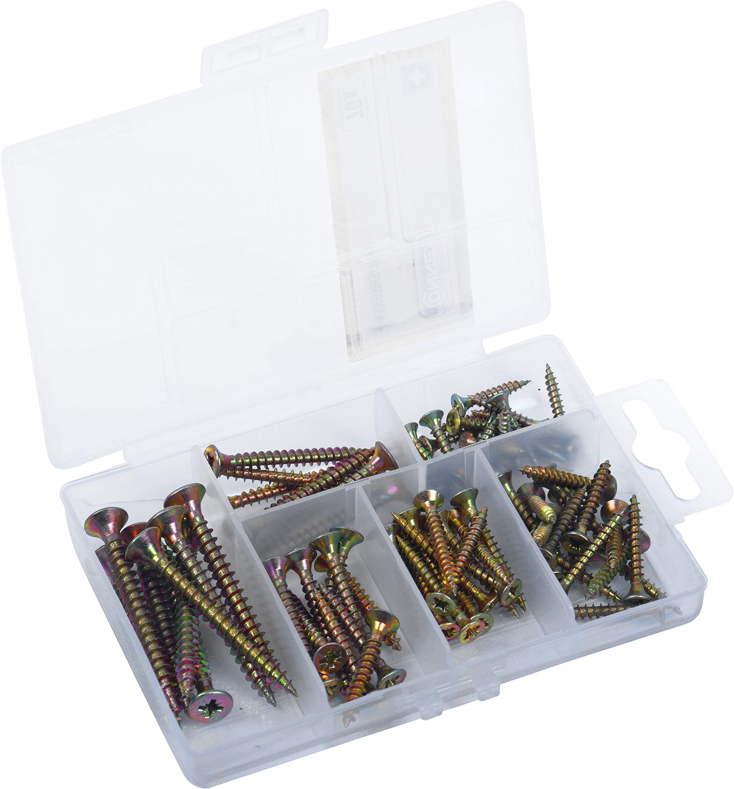Connex DP8500102 Universal 76 Pieces-Various Sizes-Countersunk Head-Pozidriv Drive-Fully Threaded-Yellow Galvanised/Screw Set/Assortment Box, Varying