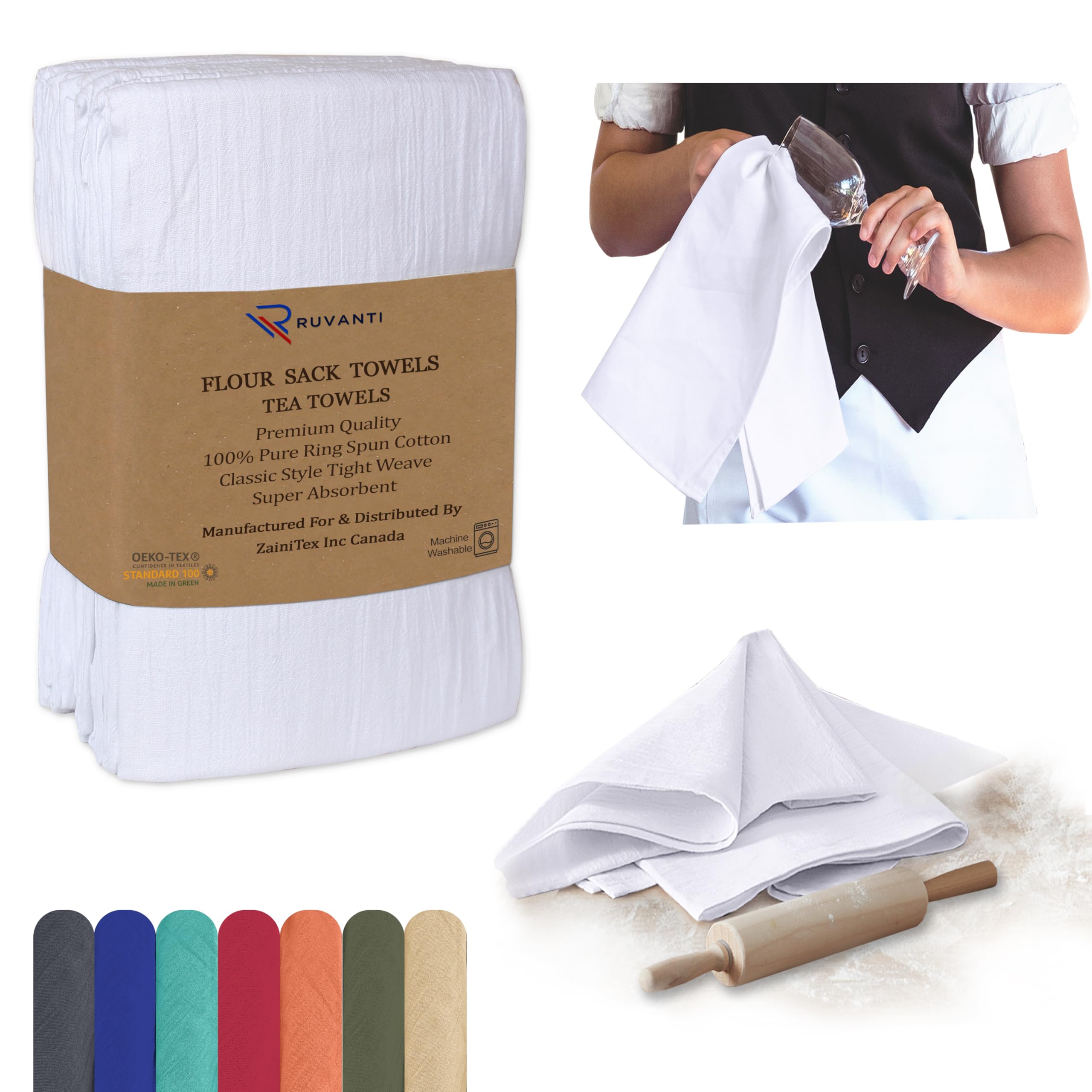 Ruvanti 12 Pack Extra Large Flour Sack Dish Towels (28" X 28") Highly Absorbent Tea Towels/Kitchen Towels - 100% Cotton Multi-Purpose Towels for Embroidery. Cleaning Cloth/Dish Towels/Bar Towels.