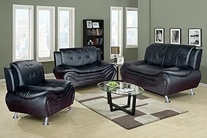 Beverly Fine Furniture 3 Piece Aldo Modern Sofa Set, BLACK