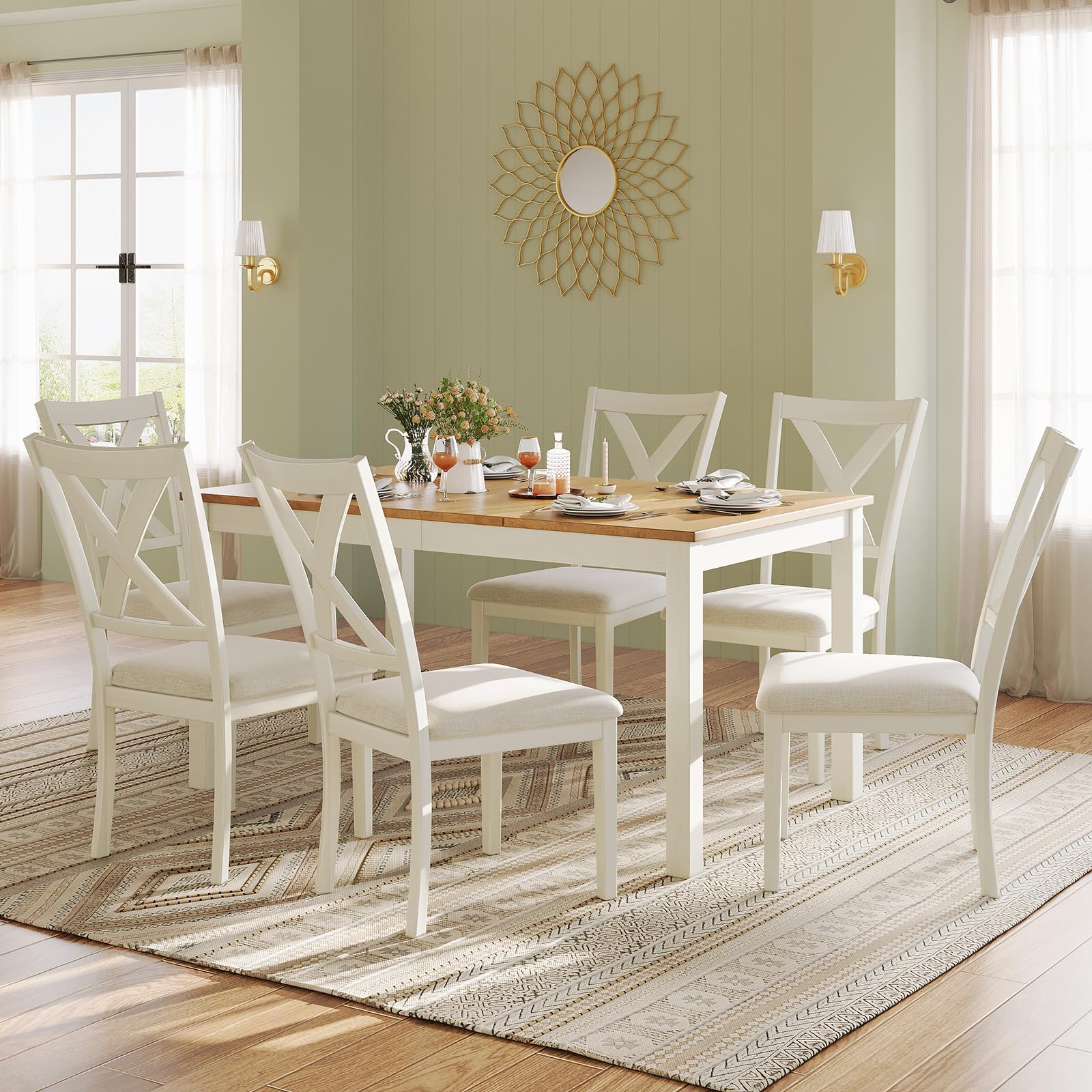 Photo 1 of ******BOX1******* LUXOAK 7-Piece Farmhouse Solid Wood Dining Table Set with 6 Chairs, 60" Rectangular Dining Table & Chair Set for 6 People, Dining Table with Wood Legs, Table Set for Dining room, Kitchen, Rustic Cream
