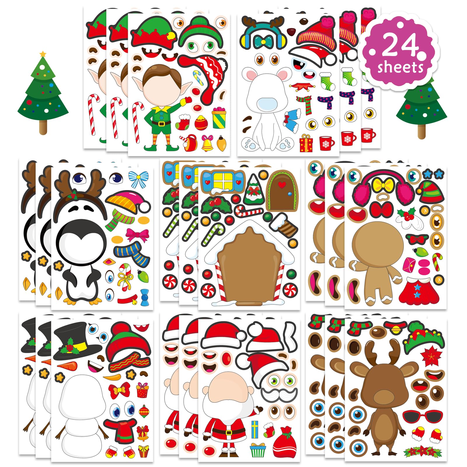 Photo 1 of 24 Sheets Christmas Stickers, Make a Face Stickers for Kids, Make Your Own Christmas Sticker, Xmas Holiday Crafts Stickers Christmas Games Party Supplies, Christmas Stocking Stuffer Gifts