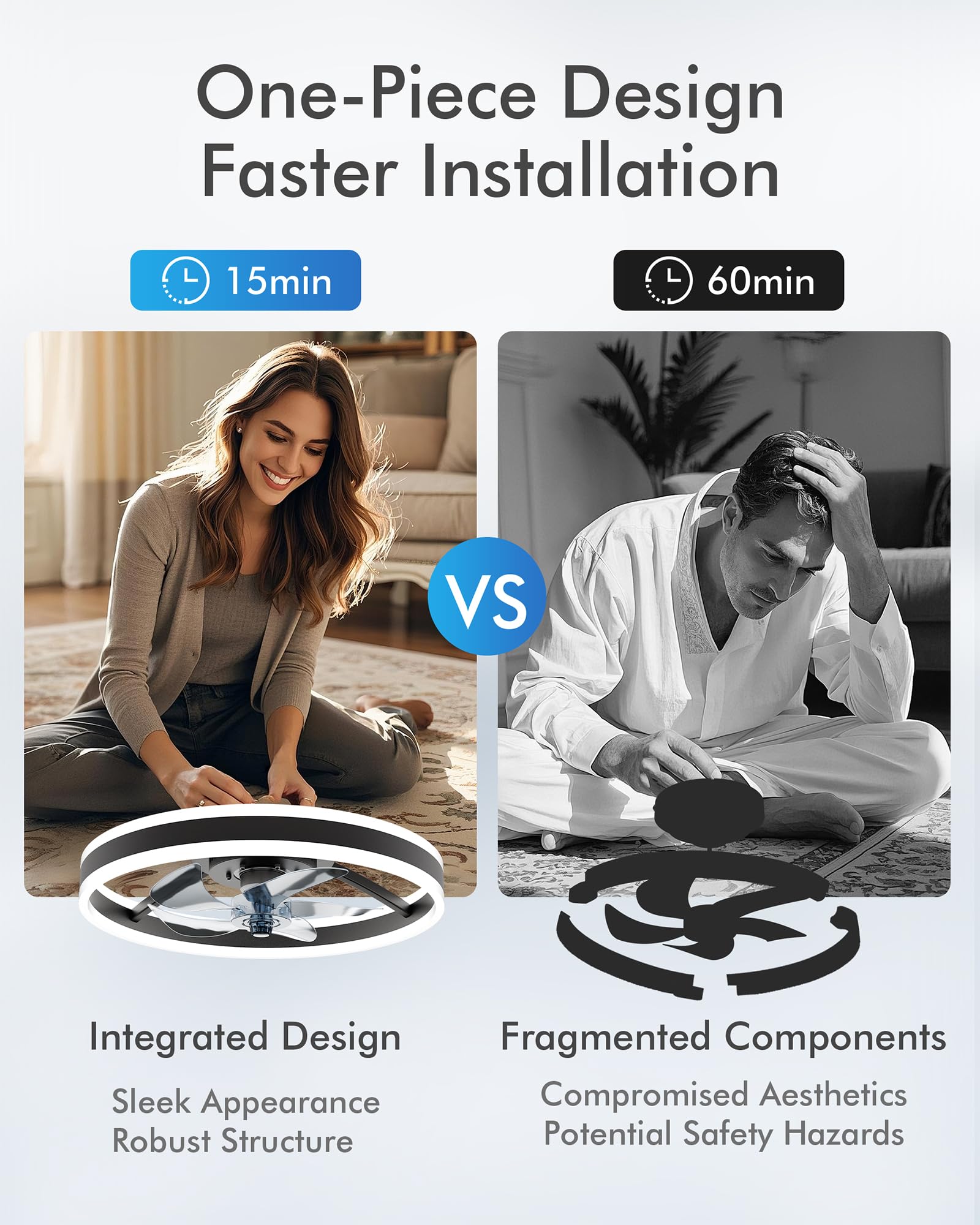 CubiCubi Modern Ceiling Fans, 20 Inch Black Ceiling Fan with Lights and Remote Control, APP, Fandelier with 6 Wind Speeds, Low Profile Ceiling Fans with Lights for Bedroom, Office