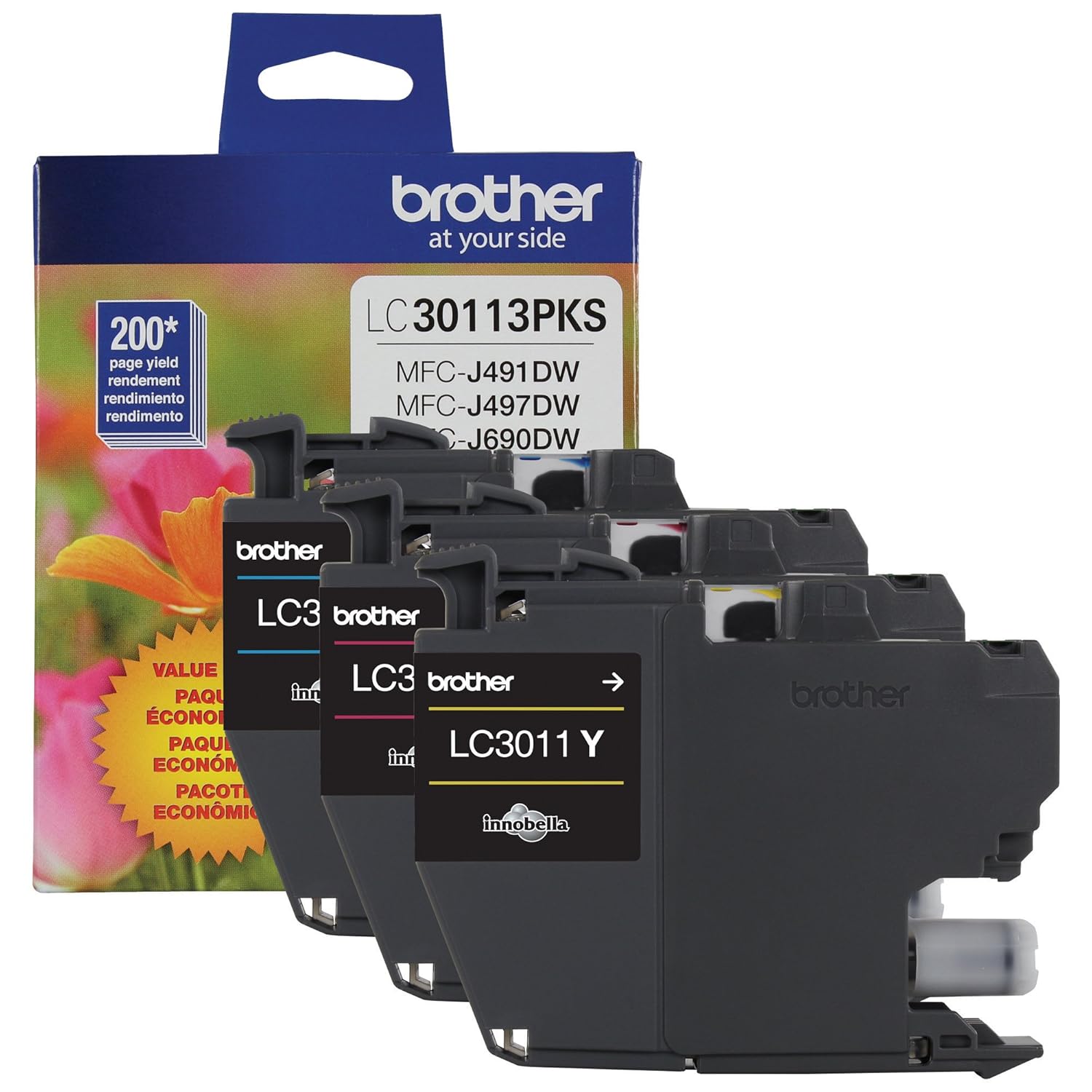 Brother Genuine LC30113PKS 3-Pack Standard Yield Color Ink Cartridges, Page Yield Up to 200 Pages/Cartridge Includes Cyan, Magenta and Yellow, LC3011