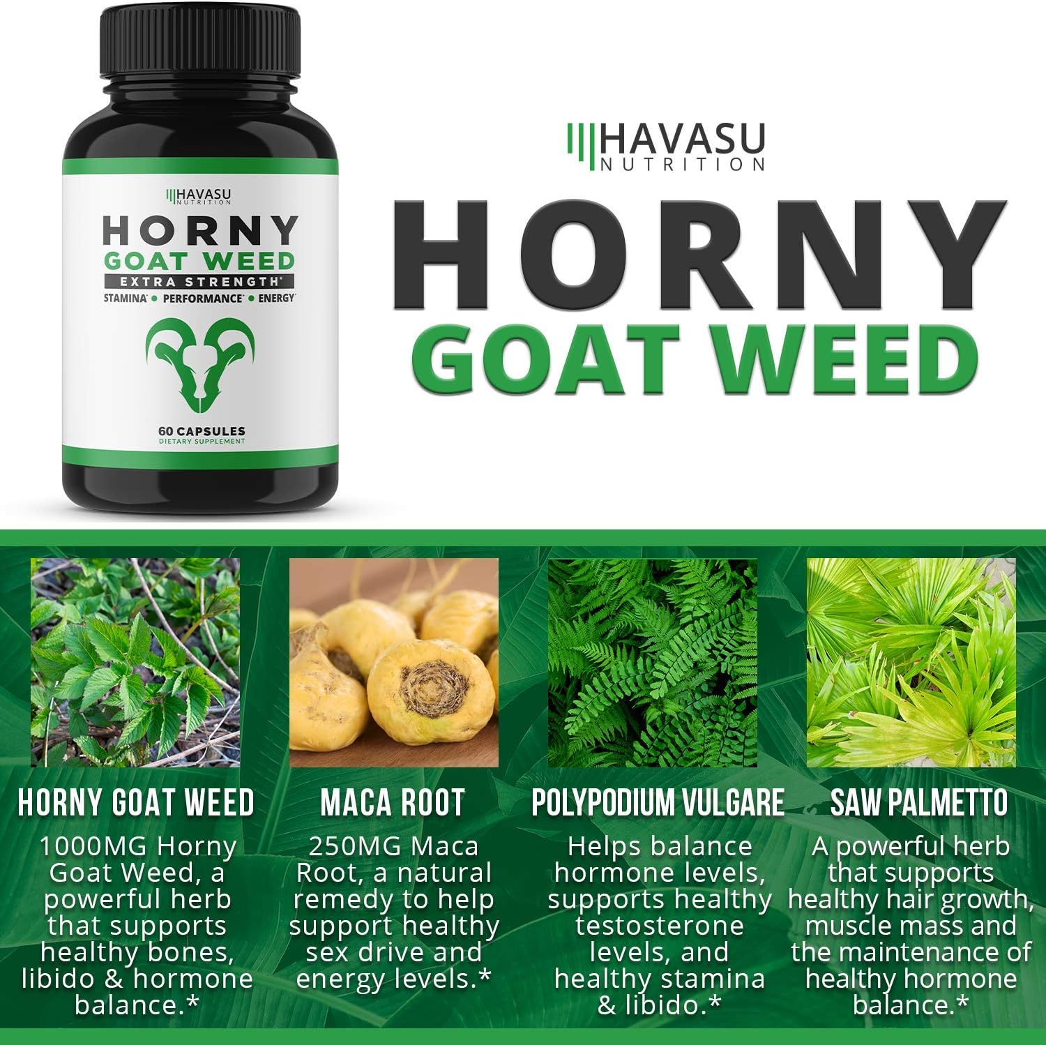 Havasu Nutrition Horny Goat Weed with Ginseng Maca Root for Men and Women - Supports Energy, Stamina, and Performance Boost - 1000mg Herbal Supplements - 60 Capsules: Health & Personal Care