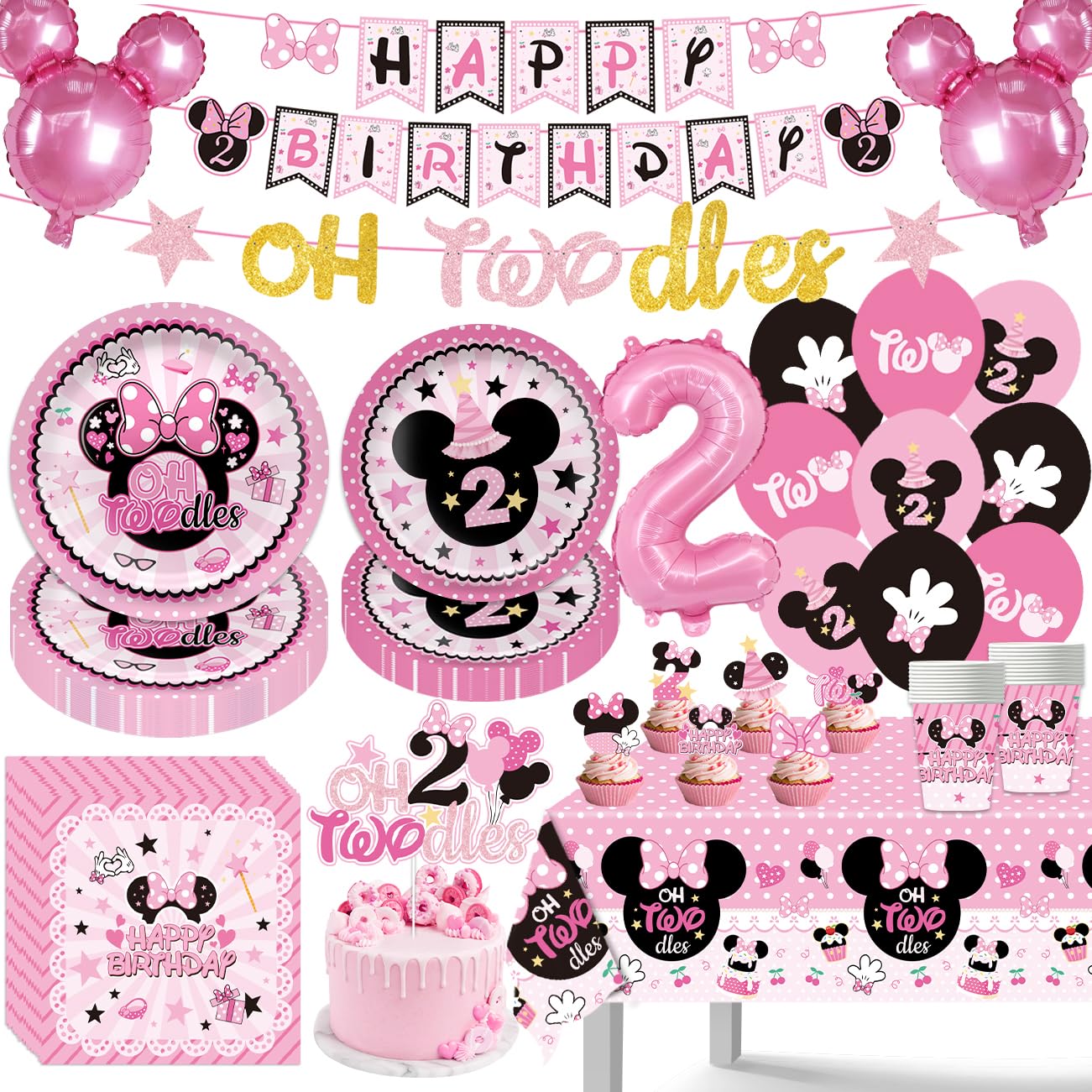 Photo 1 of 108Pcs Pink Mouse Birthday Decorations Tableware Oh Twodles Birthday Party Supplies Include Banner Plates Napkins Cups Balloons Cupcake Toppers Cake Topper and Waterproof Tablecloth