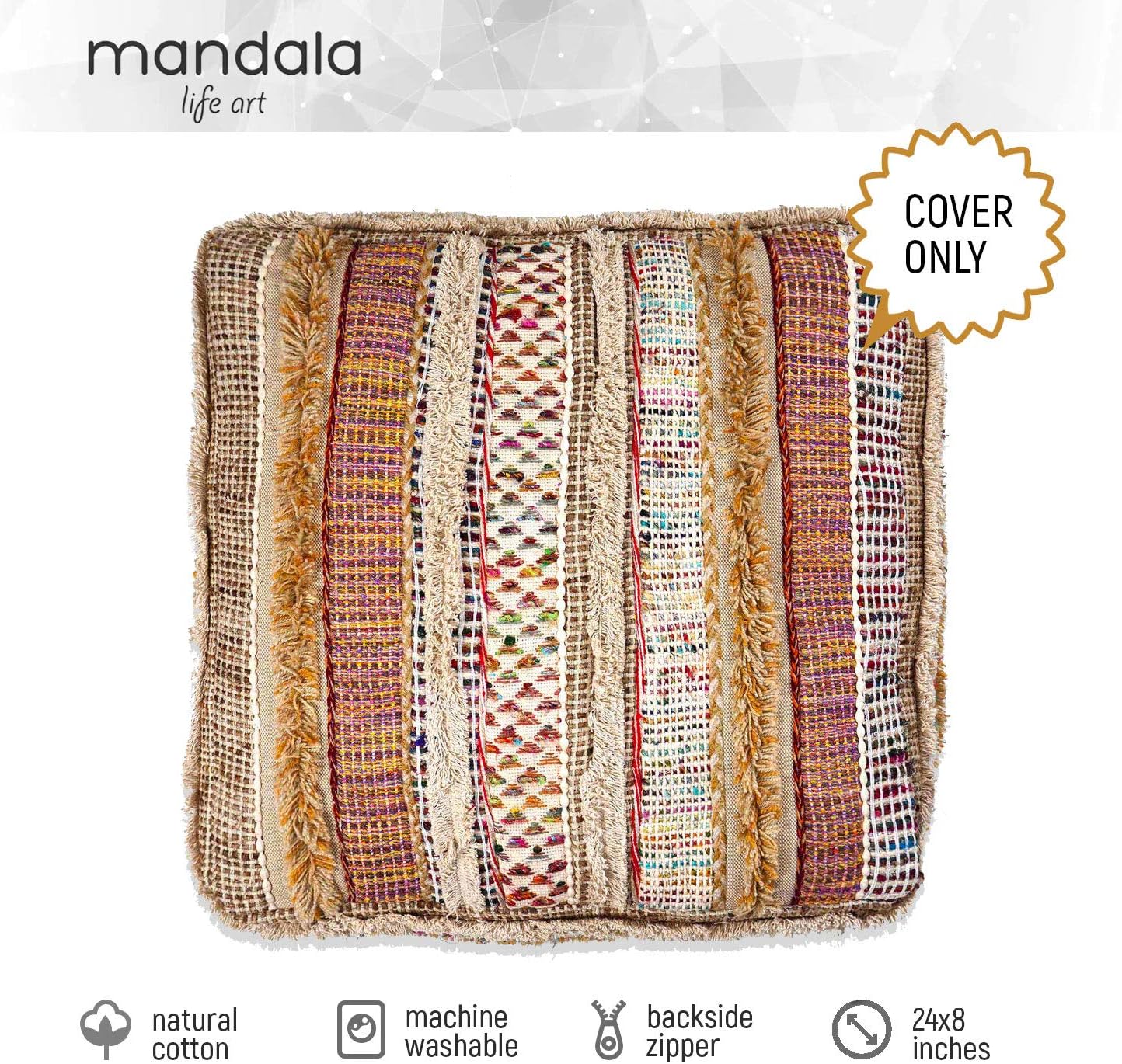 Mandala Life ART Boho Pouf Ottoman Cover - Round Floow Pillow Cushion - 24x8, Wool, 61 x 20 cm (Pack of 1) - Image 3
