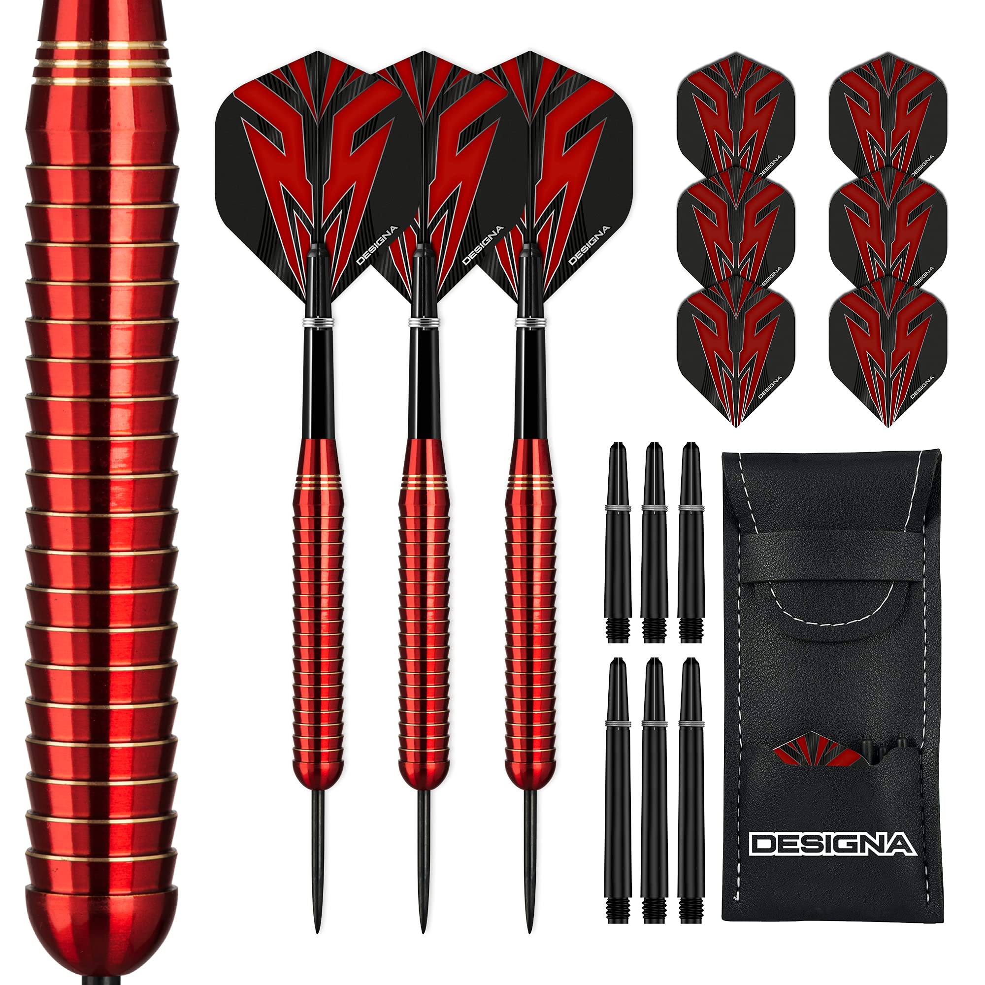 DESIGNA DARTS Mako | 24g Steel Tip Electro Brass Dart Set with Straight Barrel Including 6 Standard Flights, 6 Stems, Checkout Card and Storage Case, M1, Red