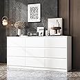 Hitow 9 White Drawer Dressers, Modern Large Dresser for Bedroom Organize, Wooden Long Dresser with 9 Handle Free Drawers, Storage Chest of Drawers for Living Room Office, Ball Bearing Slide (63" W)