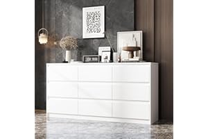 Hitow 9 White Drawer Dressers, Modern Large Dresser for Bedroom Organize, Wooden Long Dresser with 9 Handle Free Drawers, Storage Chest of Drawers for Living Room Office, Ball Bearing Slide (63" W)