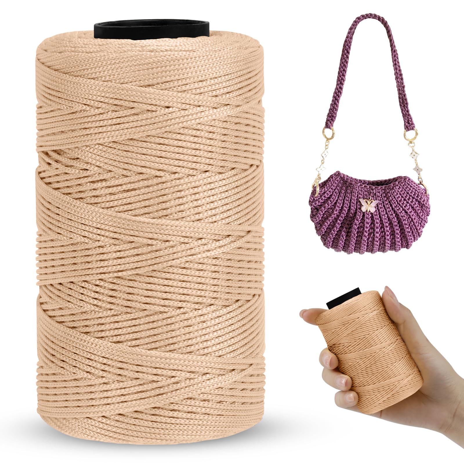 LEREATI Polyester Macrame Cord 1mm x 230m, Polyester Yarn for Crocheting, Braided Polypropylene Crochet Bag Cord Macrame Yarn for Handbag, Beading, DIY Crafts (Pink Coffee)